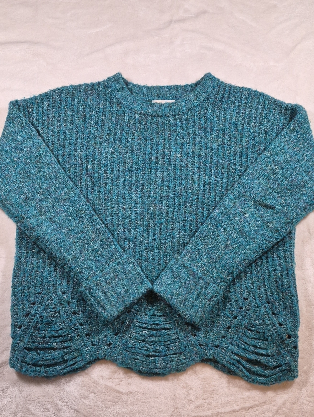 ruby moon Teal Ribbed Crewneck Sweater with Distressed Hem